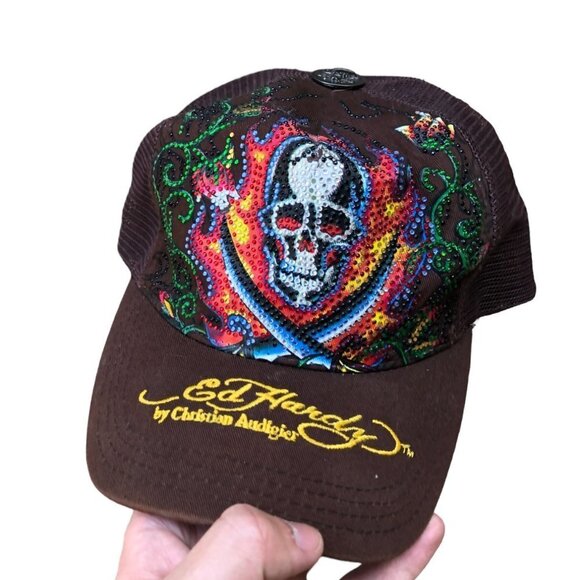 Vintage Ed Hardy By Christian Audigier Studded Skull Hat - Picture 1 of 12
